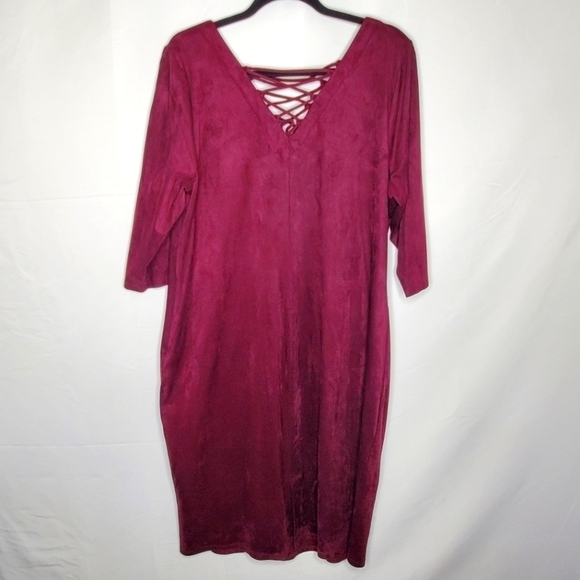 G.I.L.I. Lace-up Midi Dress Size 1X Stretch Faux Suede V-Neck Party Burgundy - Picture 5 of 15